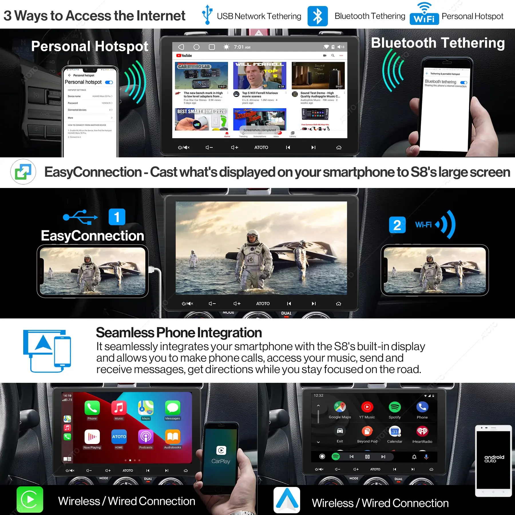 ATOTO S8G2114PM 2nd Gen Android Car Stereo with 10.1" QLED Display, Dual Bluetooth and Wi-Fi, Speed Compensated Volume Control, 6 Touch Gestures, and USB Tethering - Image 3