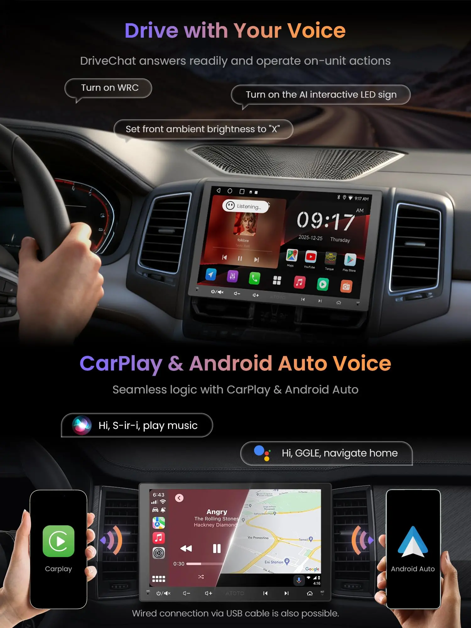 ATOTO A5LG209T 9" Android Double Din Car Stereo, Wireless Android Auto CarPlay Head Unit with WiFi BT USB, in-Dash GPS Navigation System, 1280 * 720P Touchscreen, AM/FM, 2+32G - Image 4