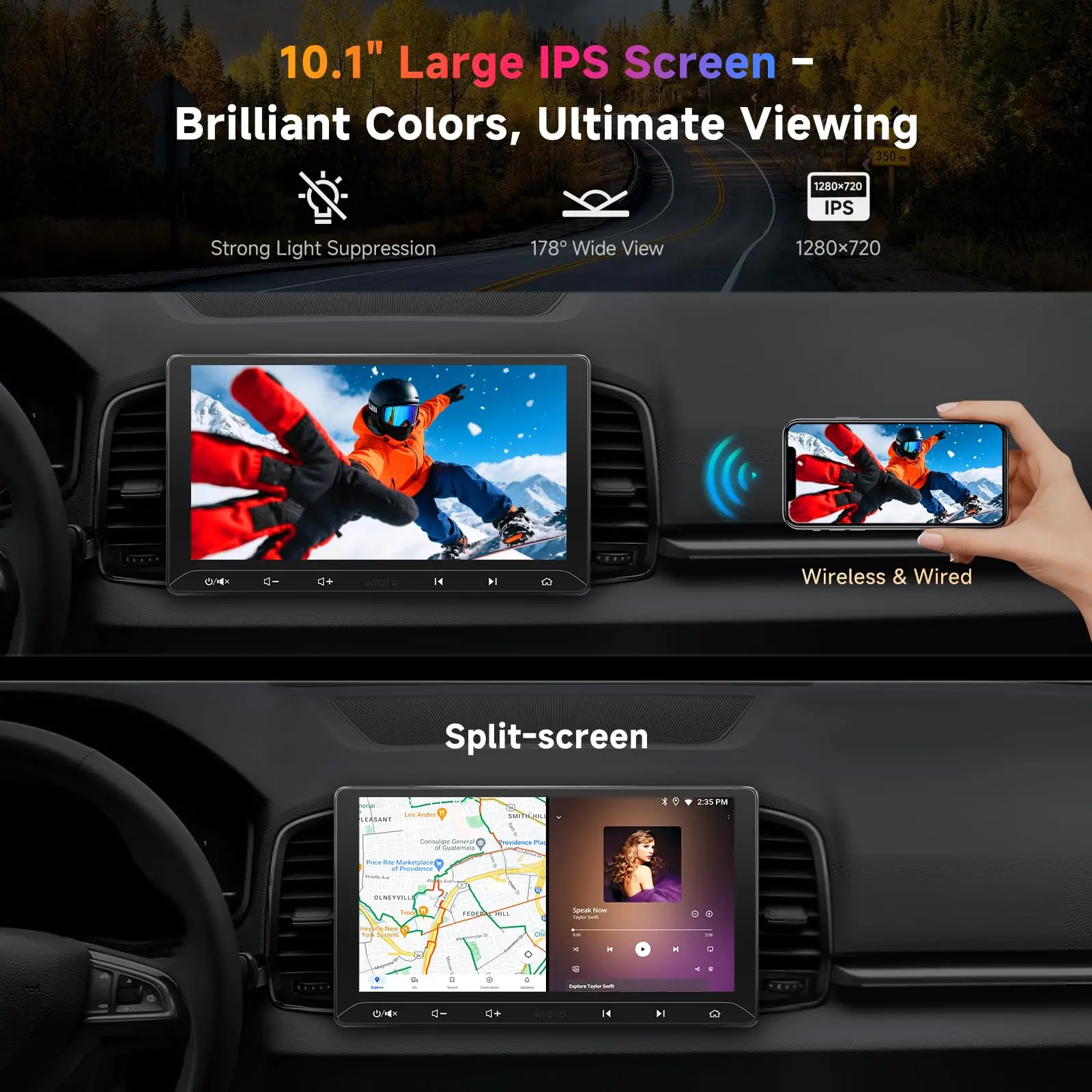 ATOTO A5LG211T 10.1" Android Double Din Car Stereo, Touchscreen, Wireless CarPlay & Android Auto, Wi-Fi/BT/USB Tethering, 24-Band EQ DSP, Bluetooth, MirrorLink, FM/AM/TF, 2G+32G - Image 3