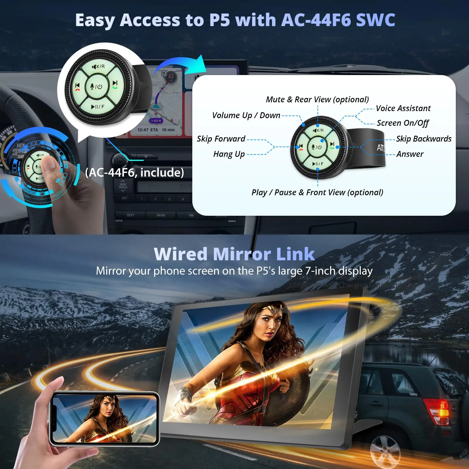 ATOTO P507SD 7" Portable CarPlay Screen with 1080P Backup Camera & Remote Control – Wireless CarPlay & Android Auto Touchscreen, Dash GPS Navigation, QLED Glare-Suppressing Display, MirrorLink - Image 5