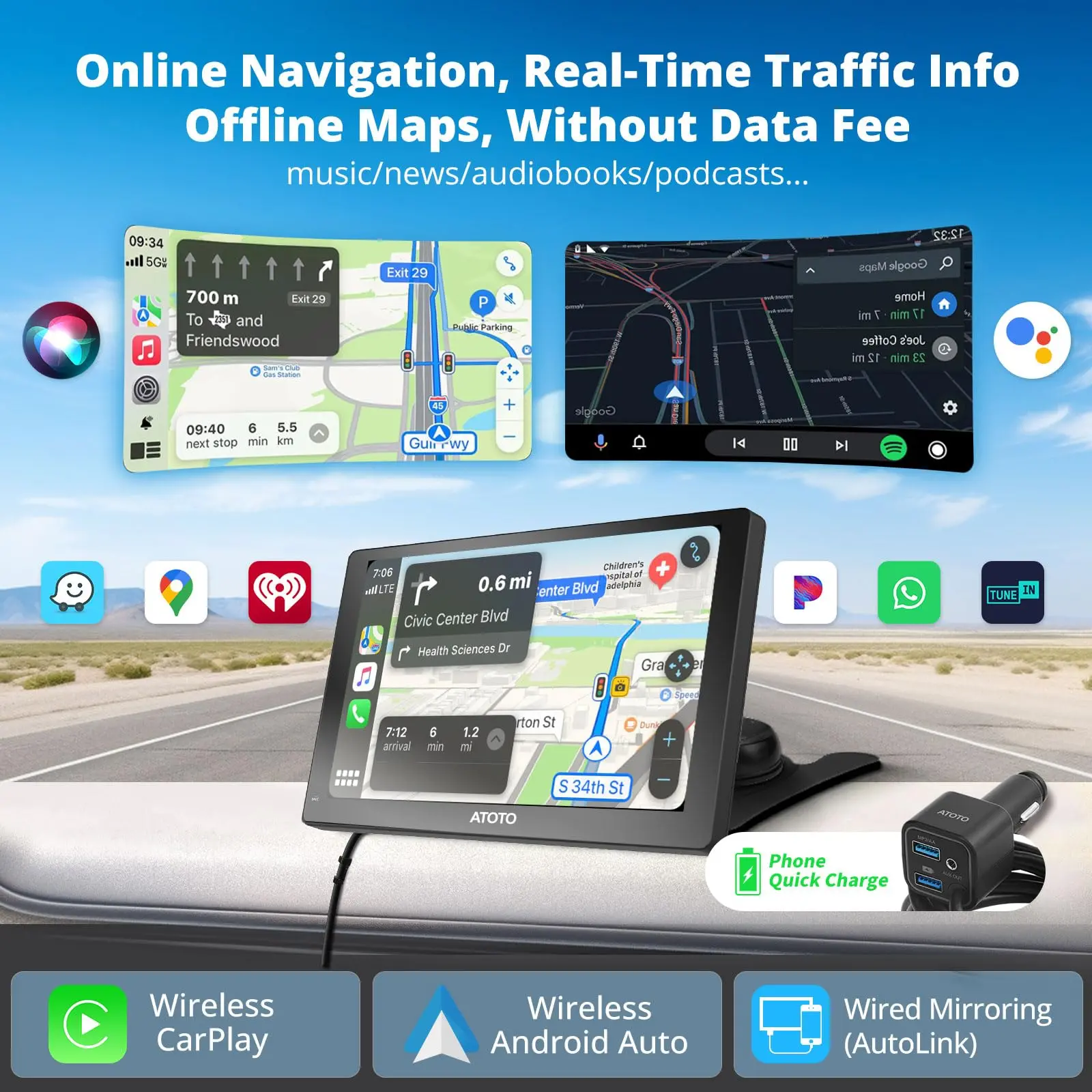 ATOTO P509SD 9″ QLED Portable CarPlay Screen with 1080P Backup Camera & Remote Control, Wireless CarPlay & Android Auto, GPS Navigation, MirrorLink & AUX/FM Output - Image 3