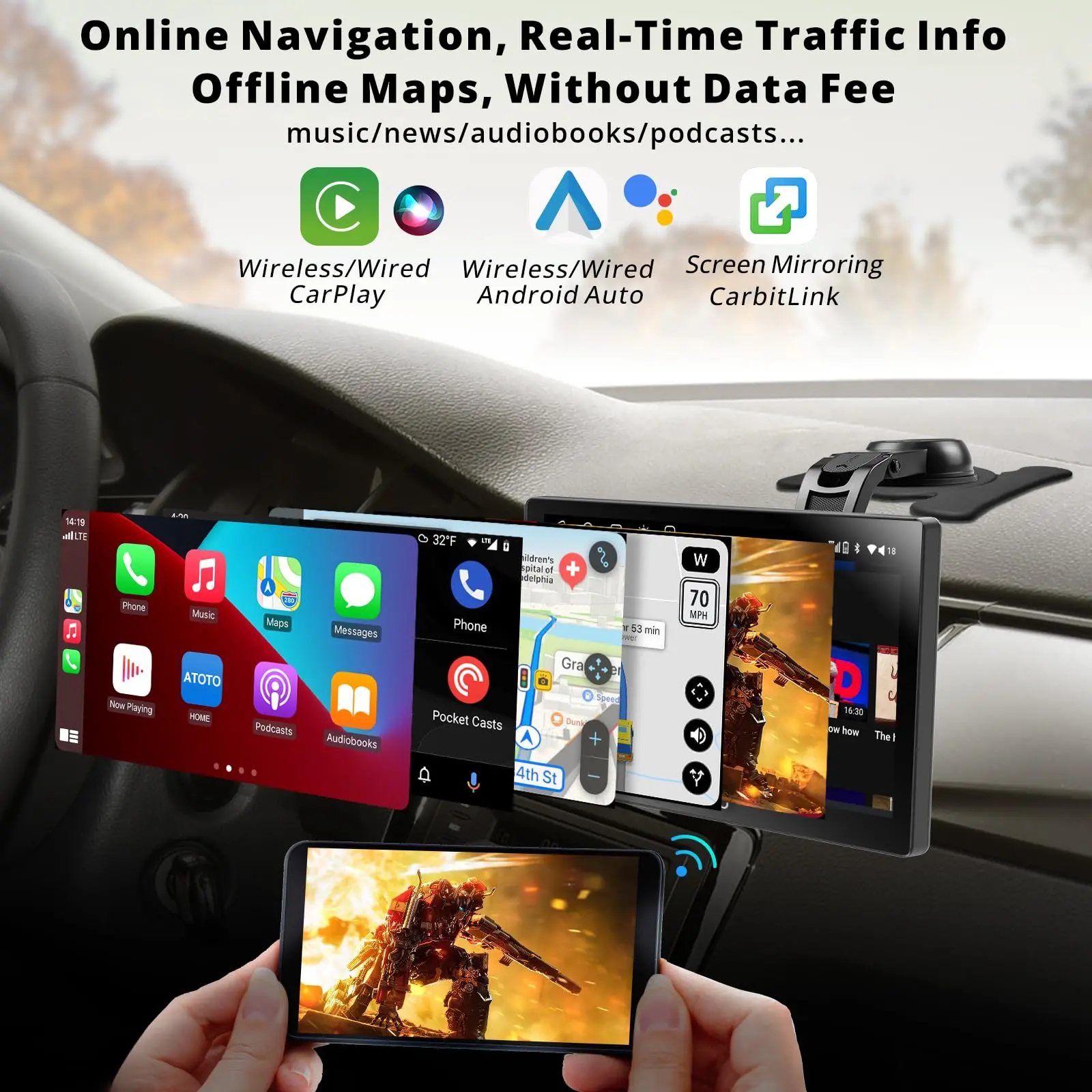 [RevcarX] ATOTO 7" Portable Car Stereo with 1080P Rear Camera, AI Voice, 4G LTE WiFi, Wireless CarPlay & Android Auto, QLED Touchscreen, 4+32G, Dual Bluetooth, GPS Tracking, HDMI Input - Image 4