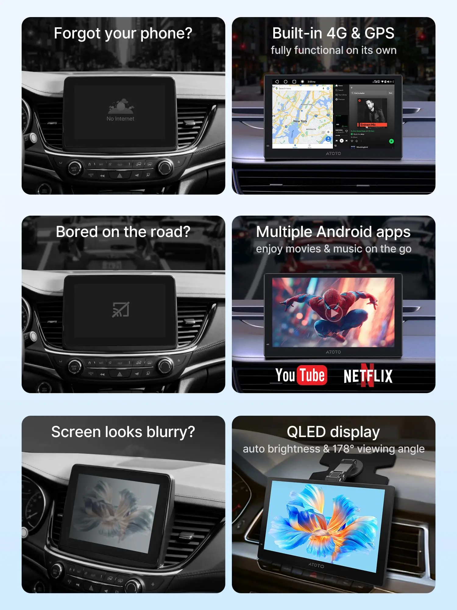 ATOTO P909PR1N-S3 9" QLED Portable Car Display – Dash Cam DVR & AHD Rear Camera Ready, Wireless CarPlay & Android Auto, Full Android, 4G LTE, Dual BT, AI Voice - Image 3