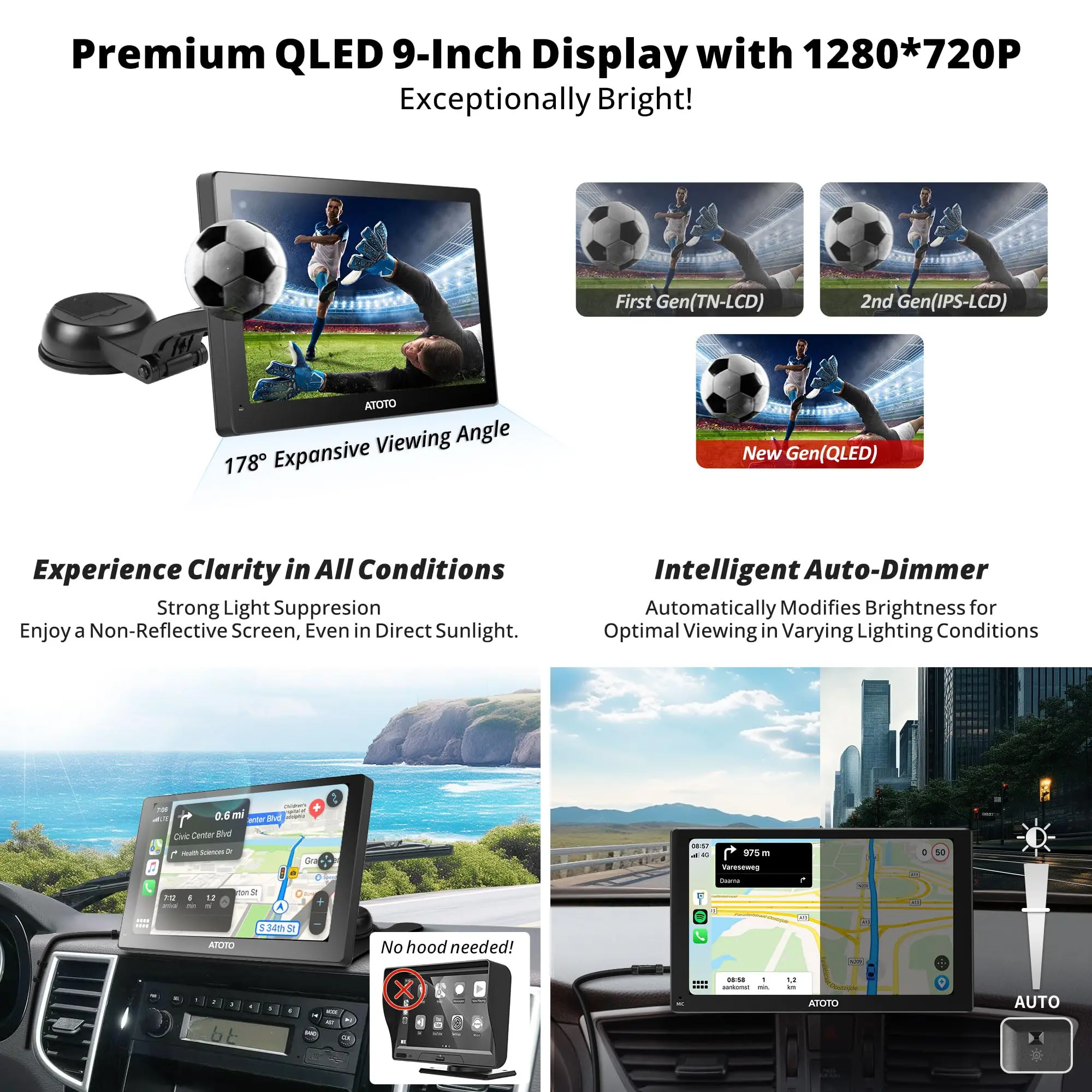 ATOTO 9" Portable Car Stereo with 1080P Dash & Rear Cameras, Wireless CarPlay & Android Auto, QLED Display, 4G LTE, Wi-Fi, ChatGPT, 4+32G, FM/AM Radio, Dual Bluetooth, GPS, HDMI Input - Image 5