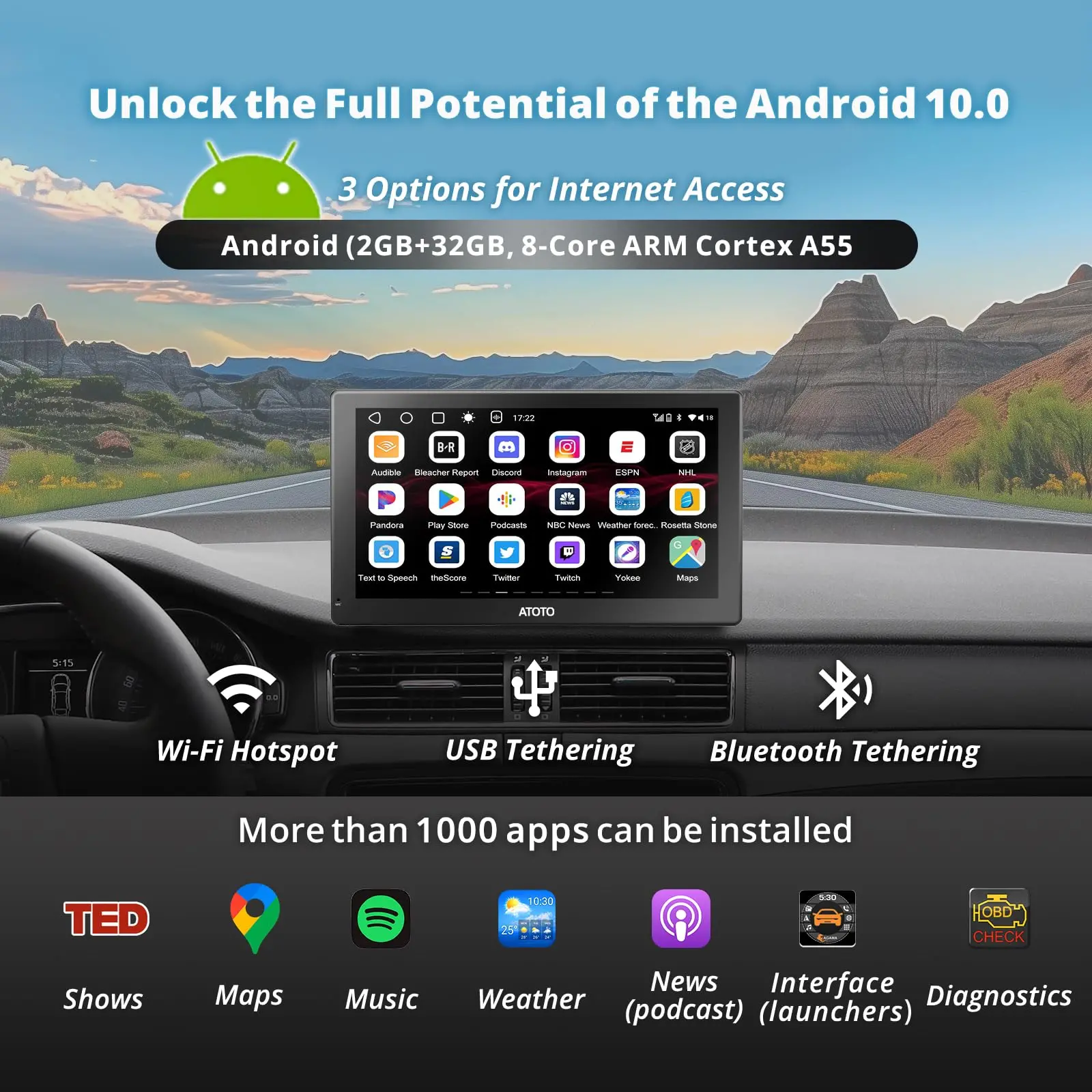 ATOTO 9" Portable Car Stereo, QLED Display, Wireless CarPlay & Android Auto, Wi-Fi Hotspot, USB, Dual Bluetooth, GPS Tracking, HDMI Input, 4 Audio Outputs, SWC, Auto-Dimming, 2+32GB - Image 3