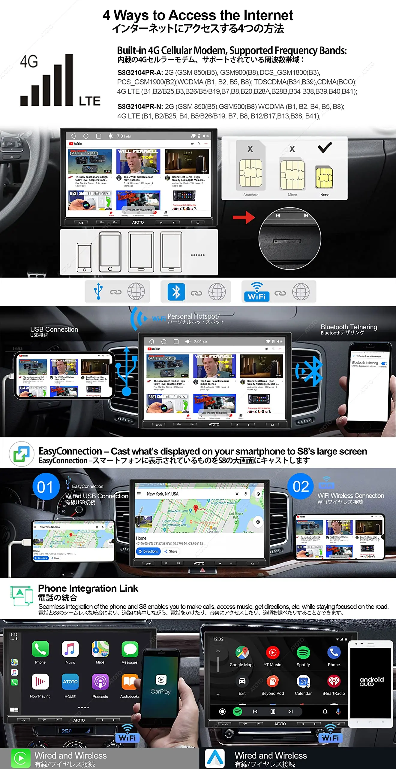 ATOTO S8G2104PR 10" Double Din Android Car Stereo Receiver with Wireless CarPlay & Android Auto, Dual BT w/aptX HD, Split Screen Display, USB Tethering, VSV&LRV, and Built-in 4G Cellular Modem - Image 3