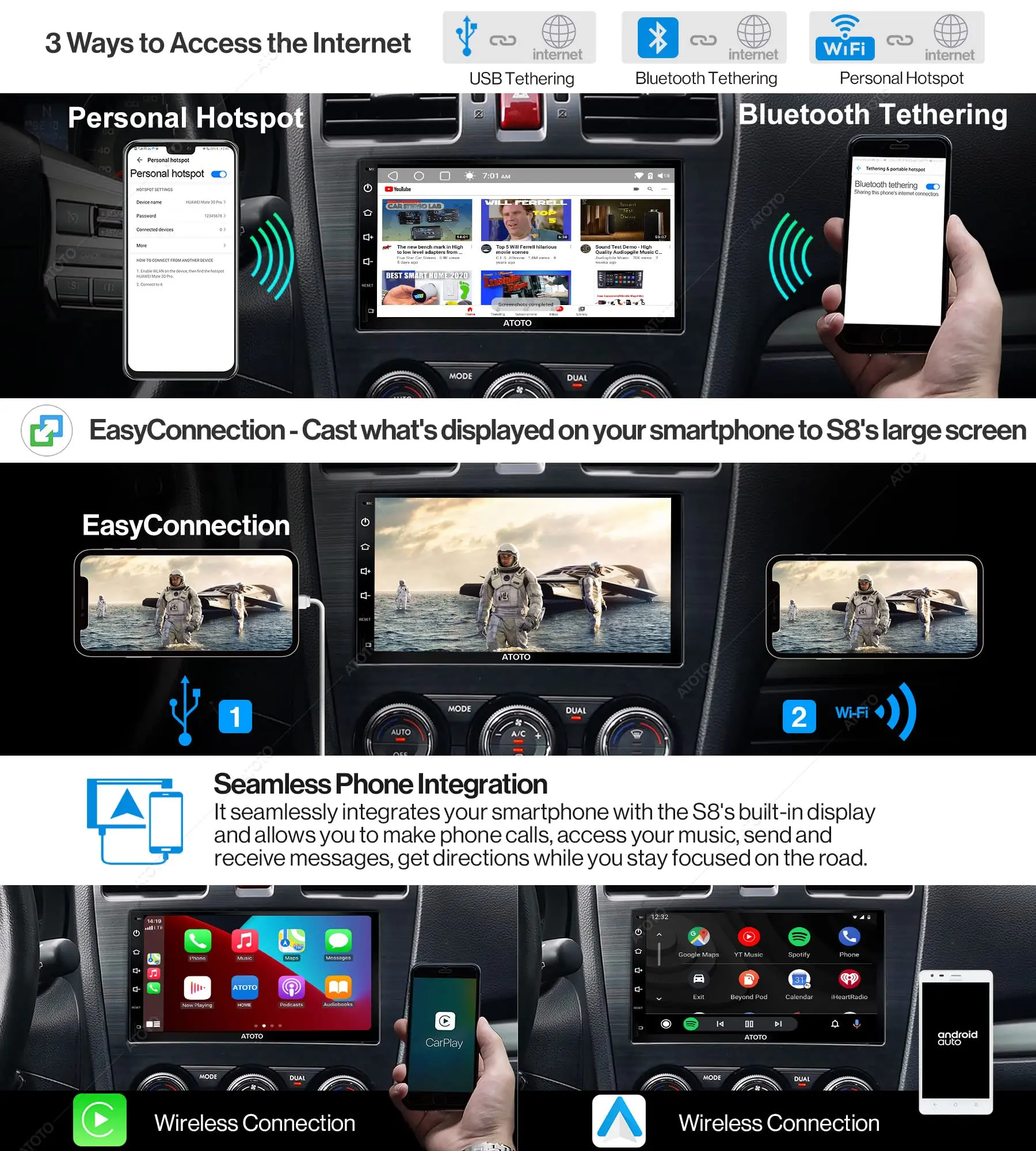 ATOTO S8G2B74PM 7" Double Din Car Stereo with QLED Display, Wireless CarPlay & Android Auto, Dual Bluetooth, HD Rearview Camera - Image 3