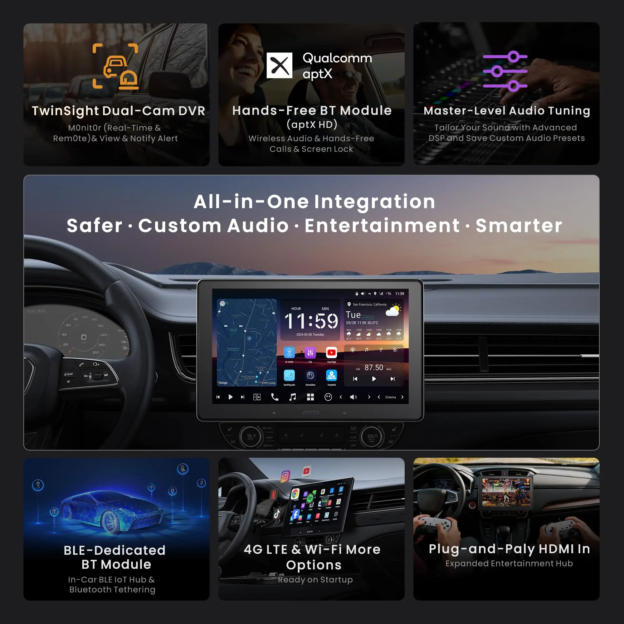ATOTO X10G110E 10.1" Android Car Stereo with Wireless CarPlay & Android Auto, QLED Floating Touch Screen, Dual 1080P Dash Cam, 8GB RAM, 128GB ROM, DSP 7.1.2 Sound, WiFi/Cellular - Image 3