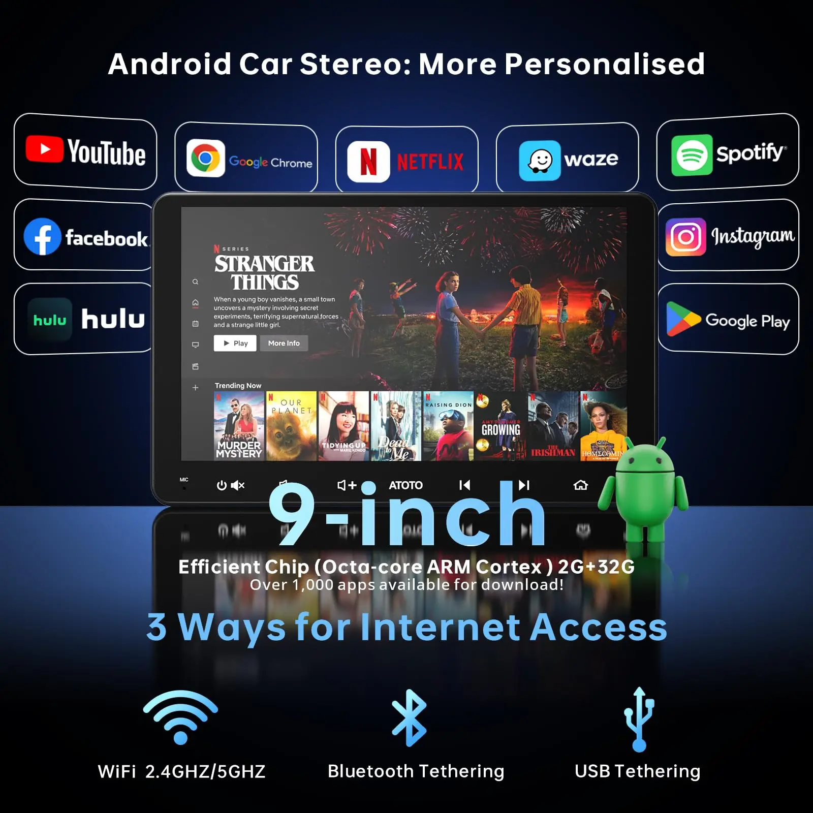 ATOTO A6G209PF 9" Android Double DIN Car Stereo with OBD, Wireless CarPlay & Android Auto, GPS, HD LRV, WiFi/BT, Dual Bluetooth, MirrorLink, 8-Core 2G+32G - Image 3