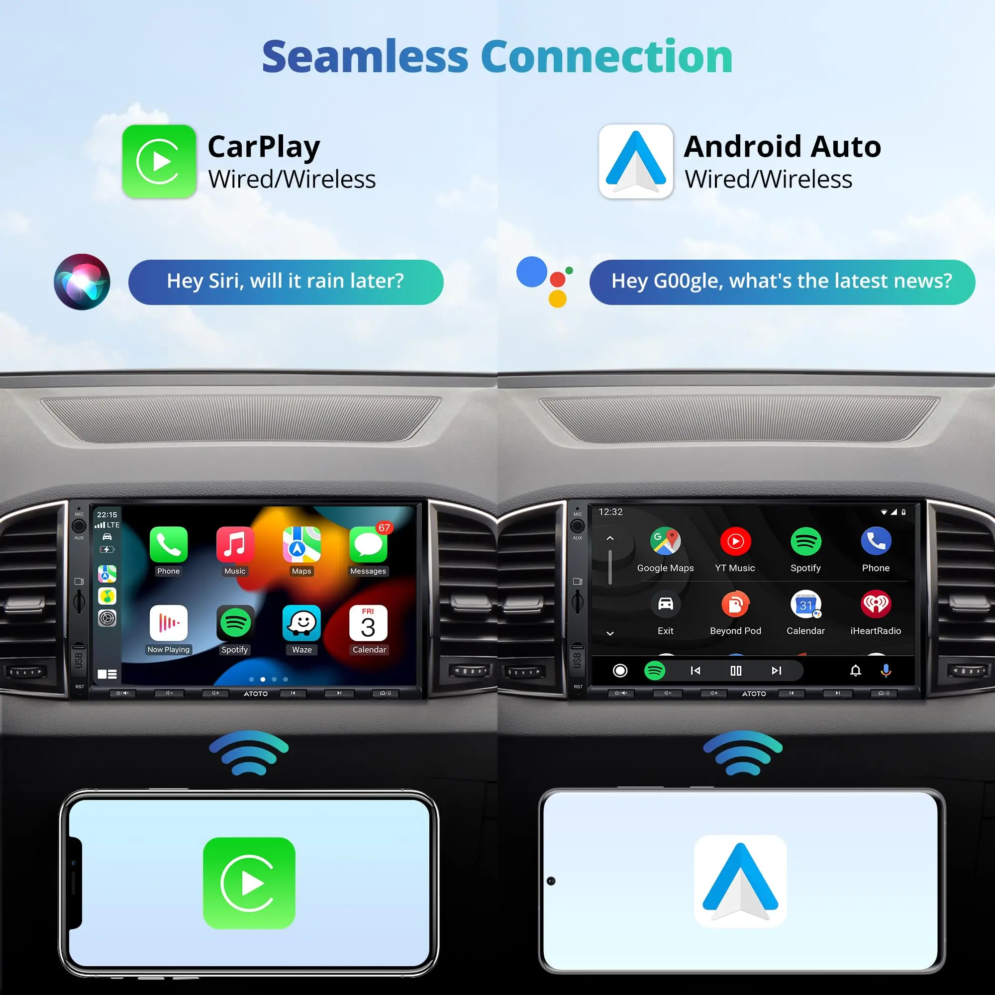 ATOTO Portable Car Stereo 9" Android 10 Octa-Core, Dual Camera, HD QLED Display, Wireless CarPlay/Android Auto, GPS Navigation, 4G/Wi-Fi/Bluetooth, DriveChat AI, TPMS/OBD II Support, 4GB+32GB - Image 3