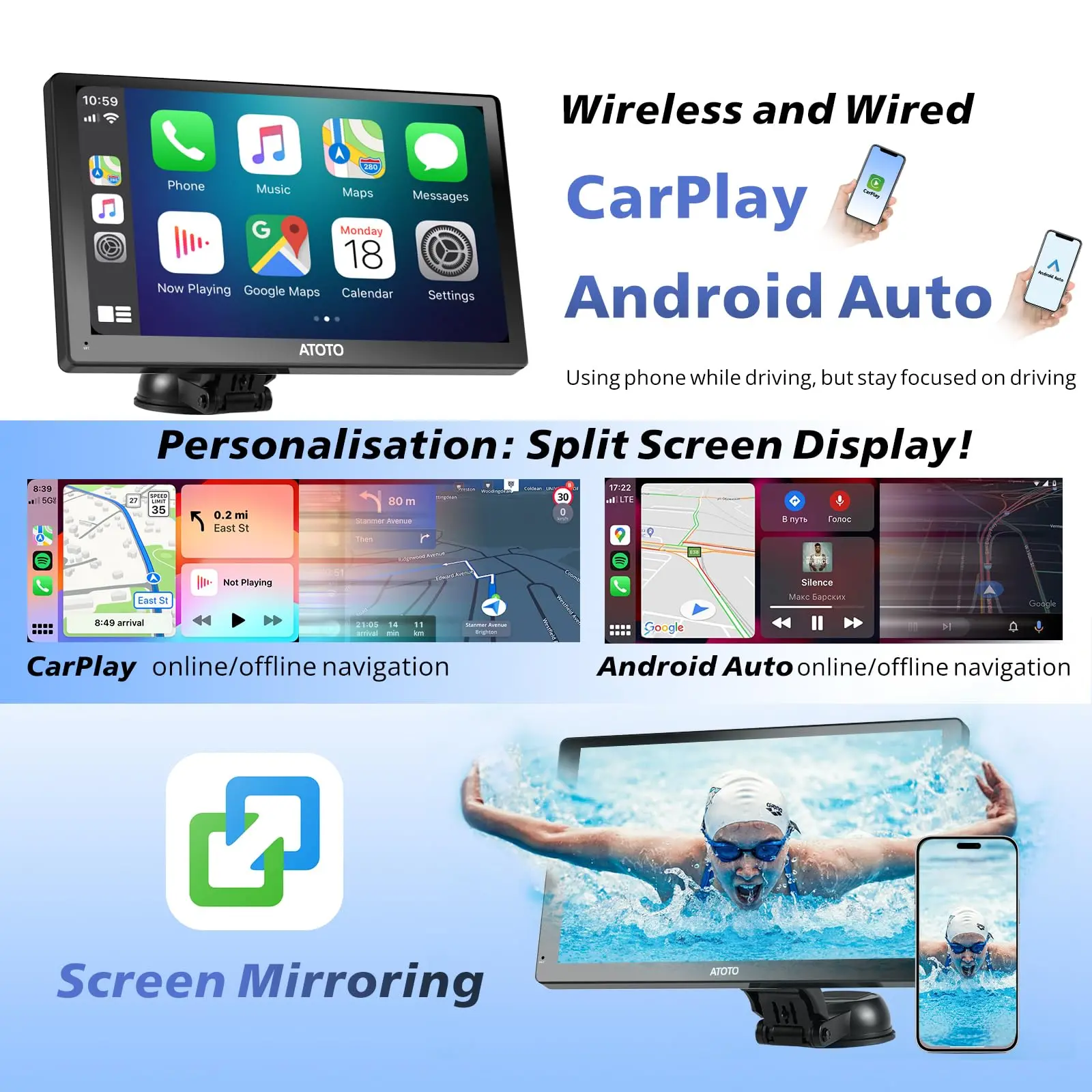 ATOTO 9" Portable Car Stereo with Front Dashcam, Wireless CarPlay & Android Auto, QLED Touchscreen, GPS Navigation, 4G LTE, Wi-Fi, ChatGPT, 4+32G - Image 4